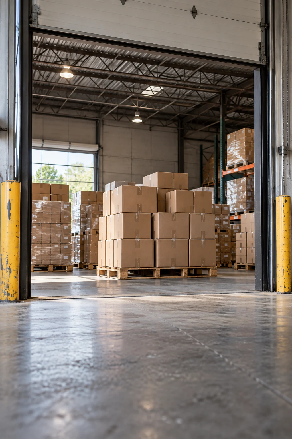 Daylight entering a warehouse receiving area with staged pallets, an illustrative logistics scene