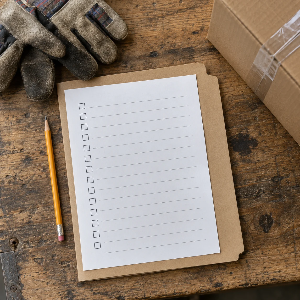 An overhead view of shipment paperwork, work gloves and a sealed carton on a warehouse desk, an illustrative scene