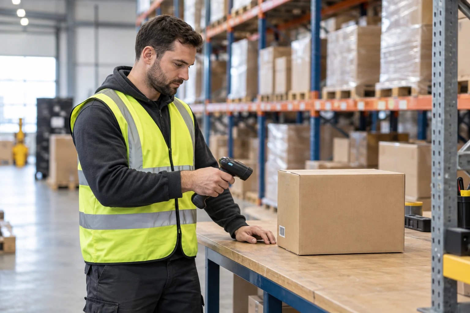 A warehouse employee using a handheld scanner beside a carton, a representative workplace scene